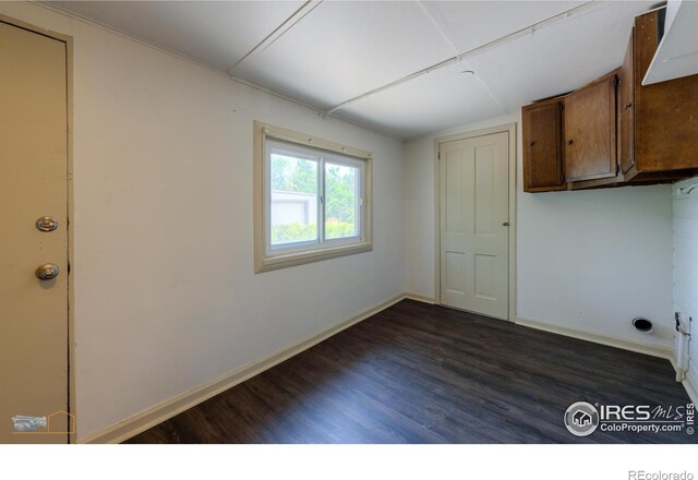 laundry area featuring cabinets and dark wood-type flooring