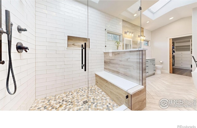 bathroom with walk in shower, a skylight, and vanity