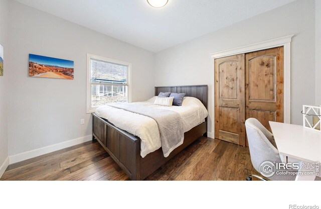 bedroom with dark wood-type flooring