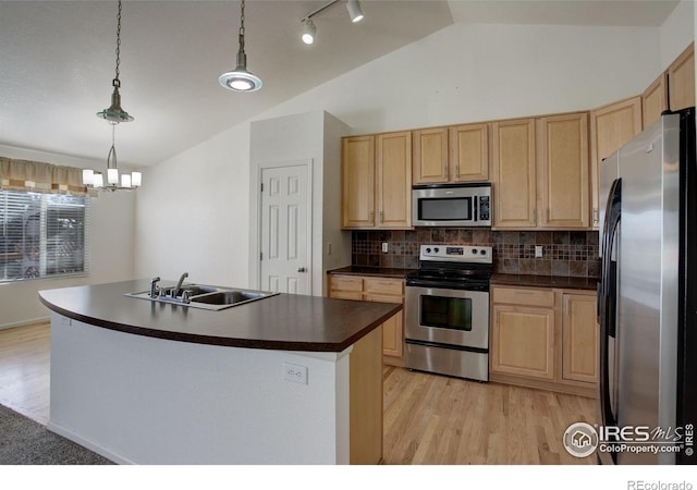 kitchen featuring appliances with stainless steel finishes, decorative backsplash, lofted ceiling, pendant lighting, and sink