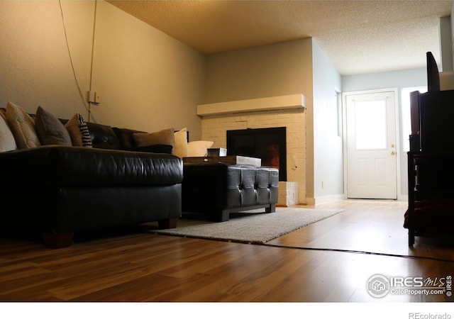 living room with a textured ceiling and wood-type flooring