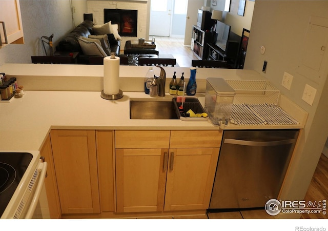 kitchen with dishwasher, white electric range oven, light wood-type flooring, a fireplace, and sink