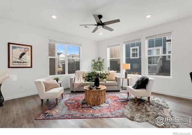 living room featuring ceiling fan and hardwood / wood-style flooring