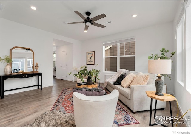 living room with hardwood / wood-style flooring and ceiling fan