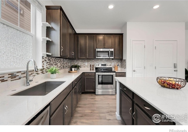 kitchen featuring stainless steel appliances, decorative backsplash, sink, and dark brown cabinetry