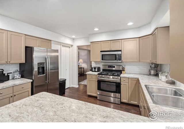 kitchen with stainless steel appliances, decorative backsplash, sink, and dark hardwood / wood-style floors