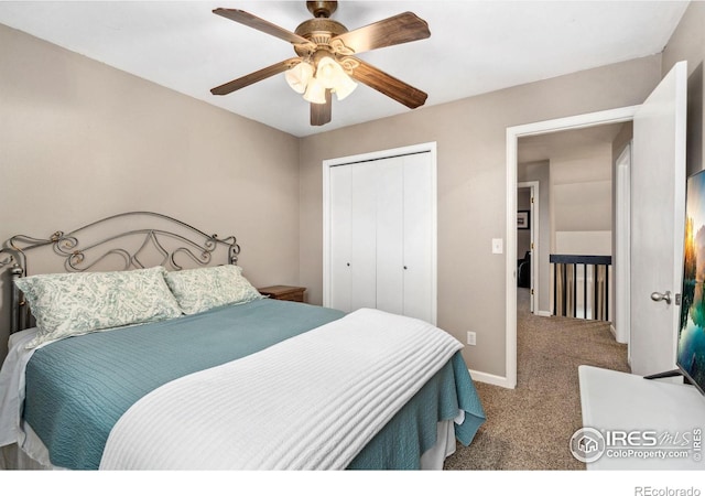 bedroom featuring carpet flooring, a closet, and ceiling fan