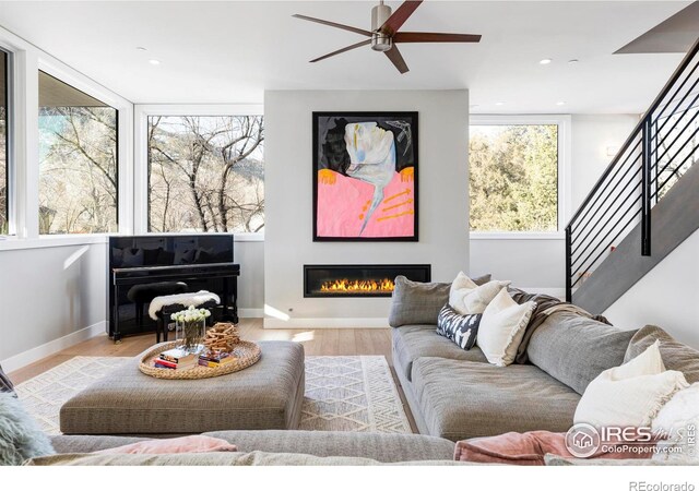 living room with ceiling fan and light hardwood / wood-style floors