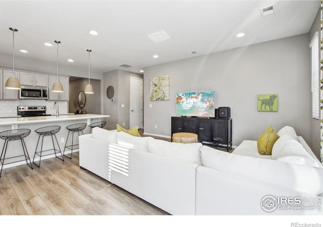 living room featuring sink and light hardwood / wood-style flooring