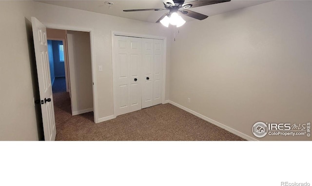 unfurnished bedroom featuring ceiling fan, a closet, and carpet