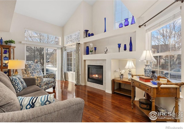 living room with dark wood-type flooring, a tile fireplace, and high vaulted ceiling