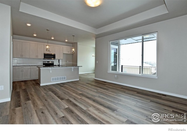 kitchen with a tray ceiling, hanging light fixtures, appliances with stainless steel finishes, and a kitchen island with sink