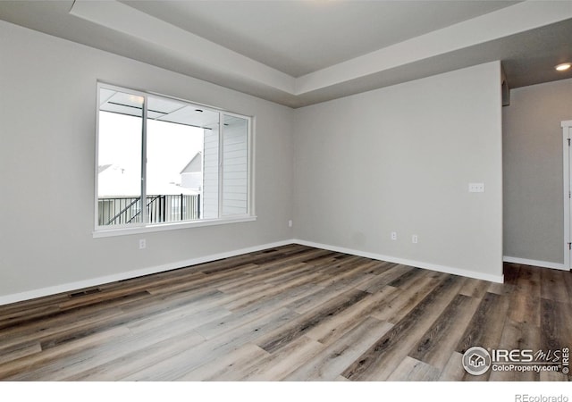 spare room featuring hardwood / wood-style floors and a raised ceiling