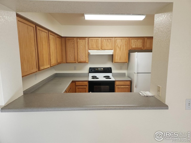 kitchen with white refrigerator and electric range oven