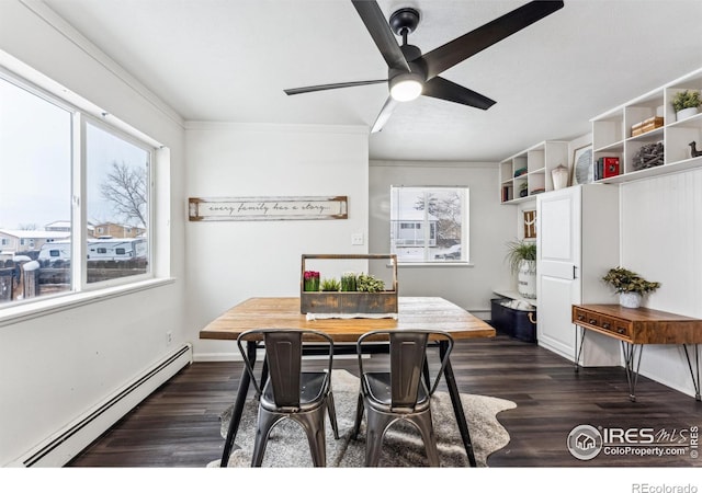 dining room featuring dark wood-type flooring, ceiling fan, and a baseboard radiator