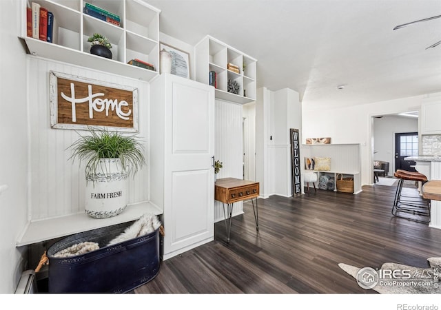 mudroom with dark hardwood / wood-style floors and a baseboard heating unit