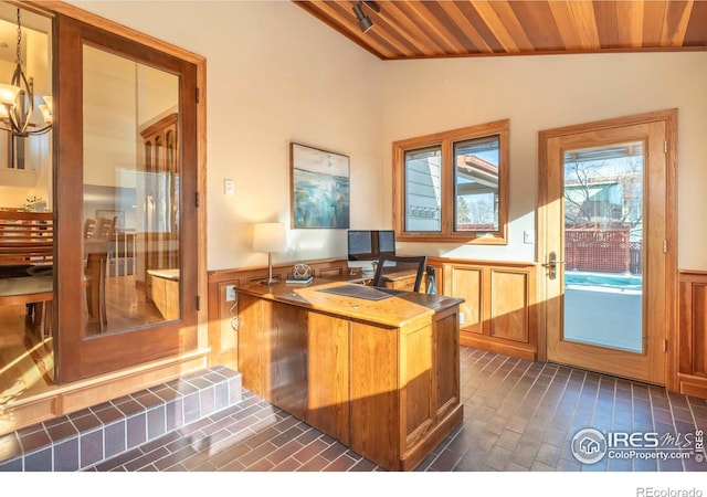 home office with an inviting chandelier, wooden ceiling, and vaulted ceiling