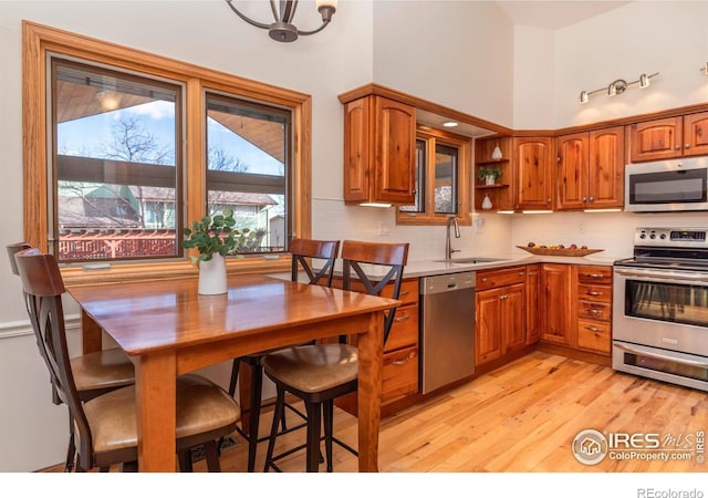 kitchen featuring light hardwood / wood-style flooring, stainless steel appliances, a towering ceiling, backsplash, and sink