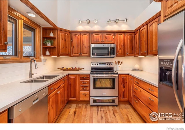 kitchen featuring appliances with stainless steel finishes, light wood-type flooring, decorative backsplash, and sink