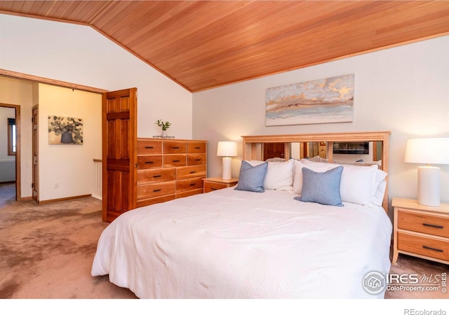 bedroom featuring vaulted ceiling, wooden ceiling, and carpet