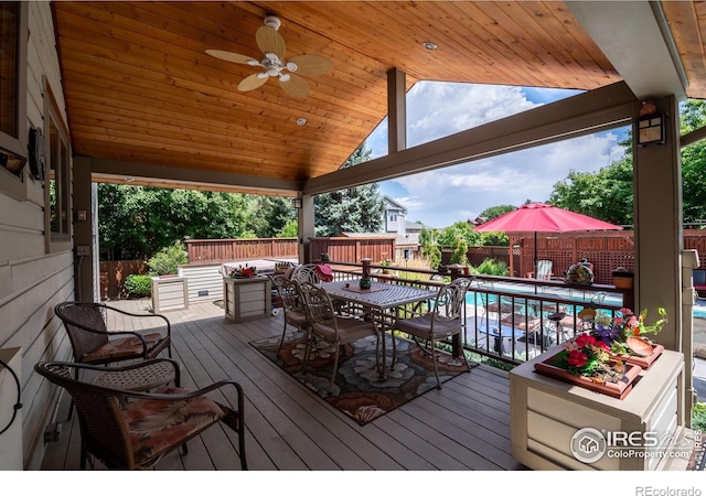 deck with ceiling fan and a fenced in pool