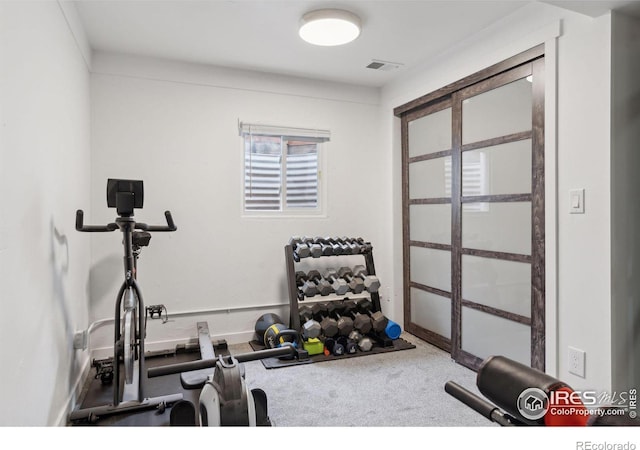 exercise room featuring visible vents and carpet flooring