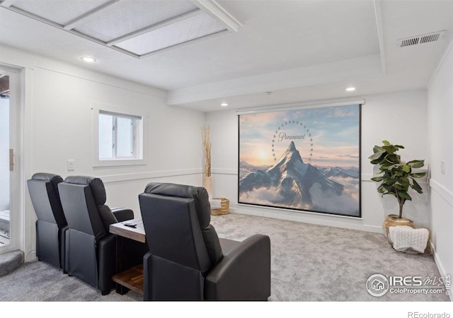 home theater with carpet, visible vents, and recessed lighting