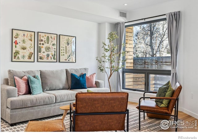 living room with plenty of natural light and wood-type flooring