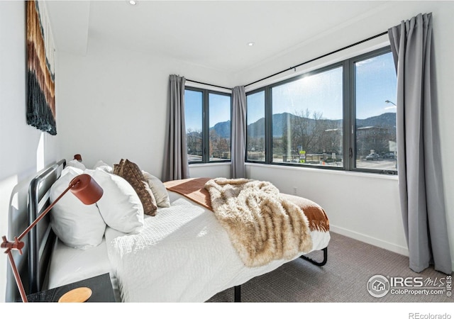 carpeted bedroom featuring a mountain view