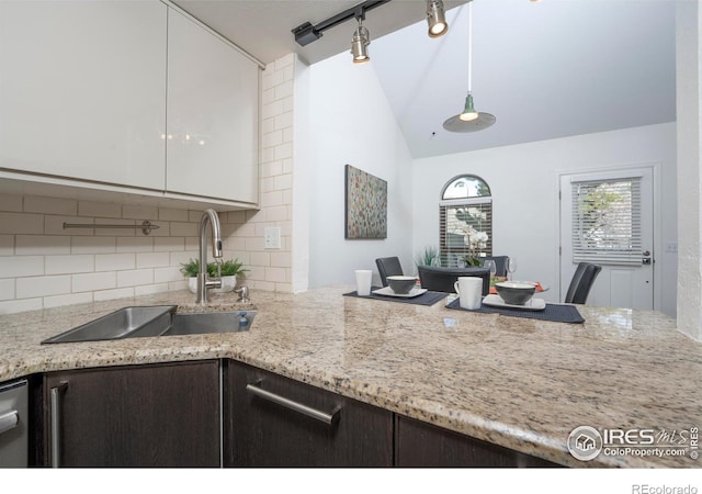 kitchen featuring sink, white cabinetry, light stone counters, decorative backsplash, and dark brown cabinets