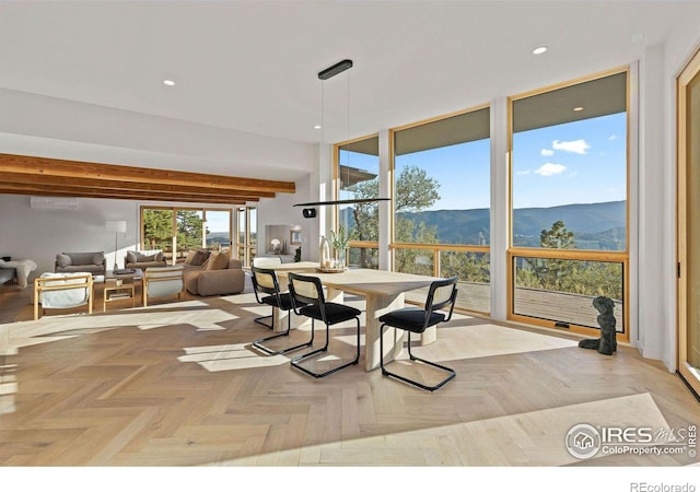 dining space with a mountain view and light parquet floors