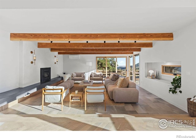 living room with beam ceiling