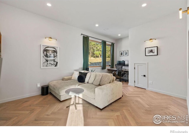 living room featuring light parquet floors