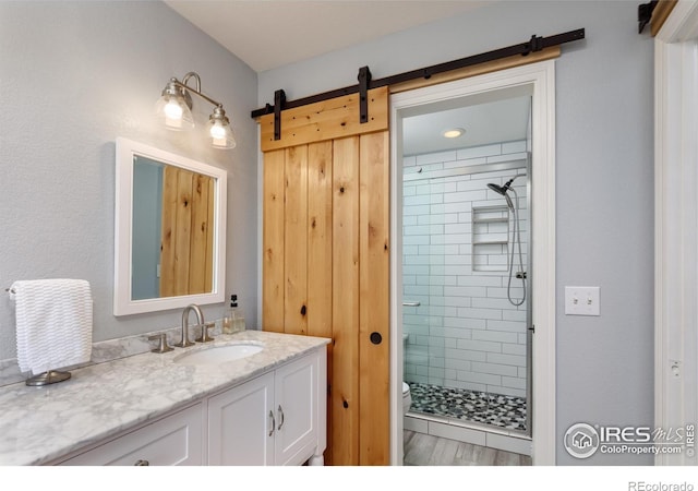 bathroom featuring a shower stall, vanity, and toilet