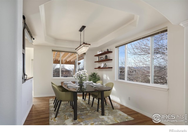 dining space featuring a raised ceiling, wood finished floors, baseboards, and a wealth of natural light