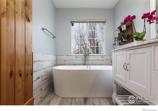 full bathroom featuring wood finished floors, a wainscoted wall, and a freestanding bath