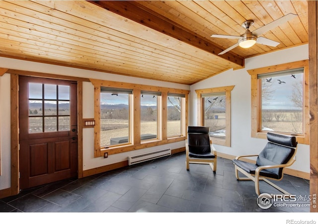 unfurnished room featuring wood ceiling, a baseboard radiator, and a wealth of natural light