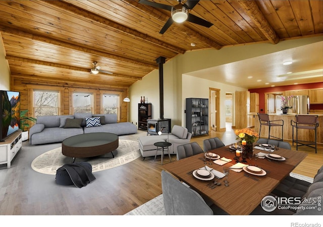 dining space featuring hardwood / wood-style flooring, wooden ceiling, lofted ceiling with beams, and a wood stove