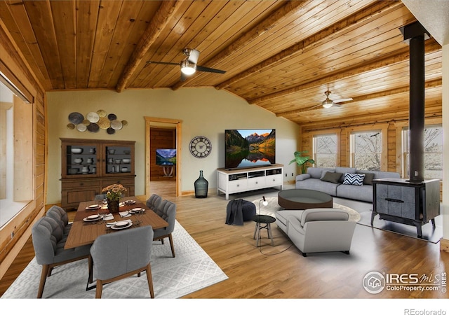 living room with wood ceiling, lofted ceiling with beams, light hardwood / wood-style flooring, a wood stove, and ceiling fan