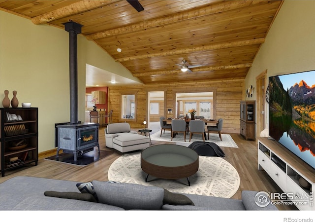 living room featuring high vaulted ceiling, wood-type flooring, a wood stove, ceiling fan, and wood ceiling