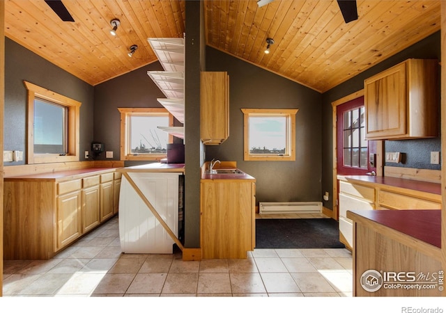 kitchen with a healthy amount of sunlight, sink, wooden ceiling, and light brown cabinetry