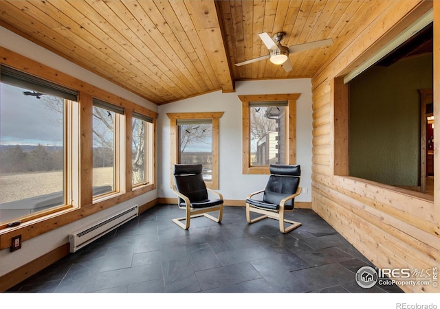 interior space with baseboard heating, ceiling fan, wood ceiling, and vaulted ceiling with beams