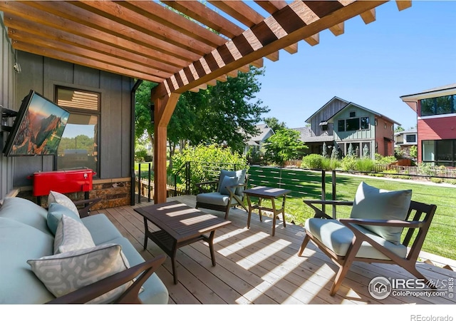 view of patio / terrace with an outdoor living space and a pergola