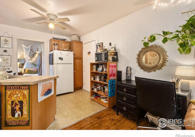 kitchen featuring sink, white refrigerator, light hardwood / wood-style flooring, and ceiling fan