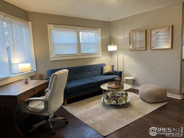 home office with dark hardwood / wood-style floors