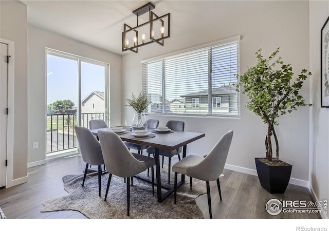 dining room with hardwood / wood-style floors and an inviting chandelier