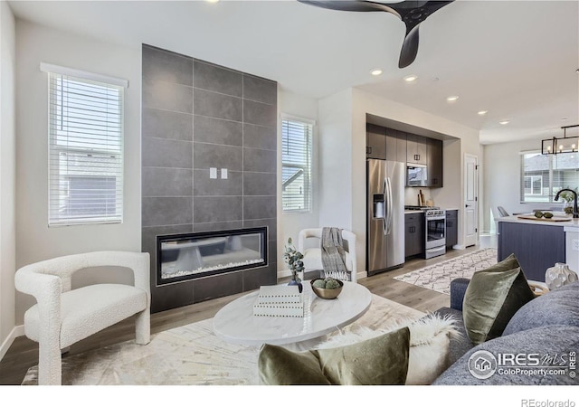 living room featuring ceiling fan with notable chandelier, a fireplace, light wood-type flooring, and a wealth of natural light