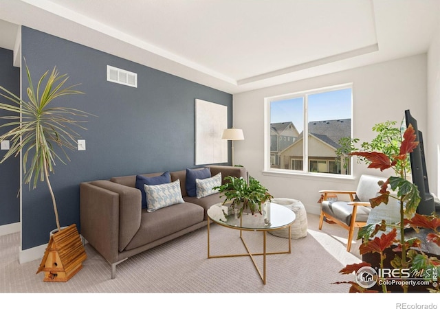 carpeted living room with a tray ceiling