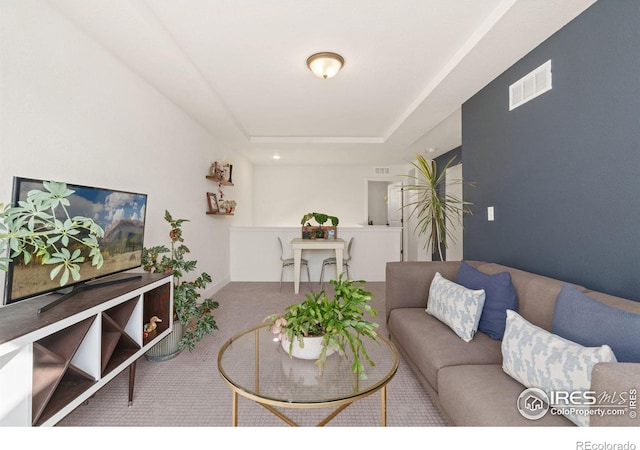 living room featuring carpet flooring and a tray ceiling