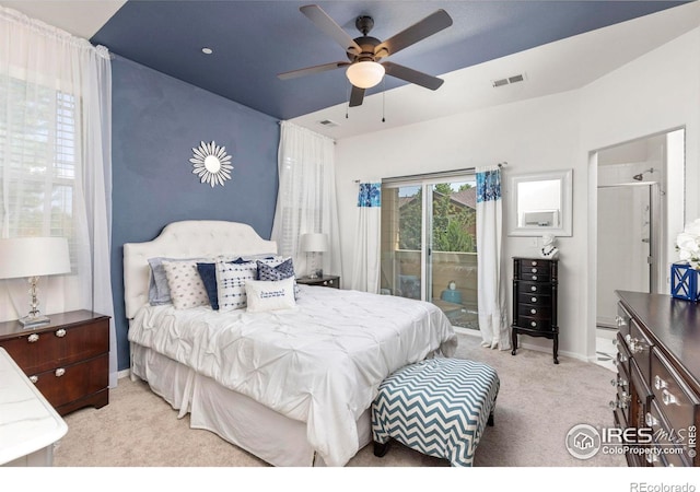 carpeted bedroom featuring access to outside and ceiling fan